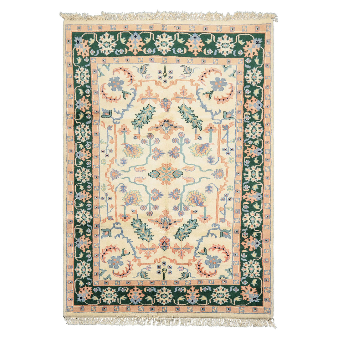 6x9 Ivory, Green, Peach Color Hand Knotted Indo Heriz Wool Traditional Oriental Rug