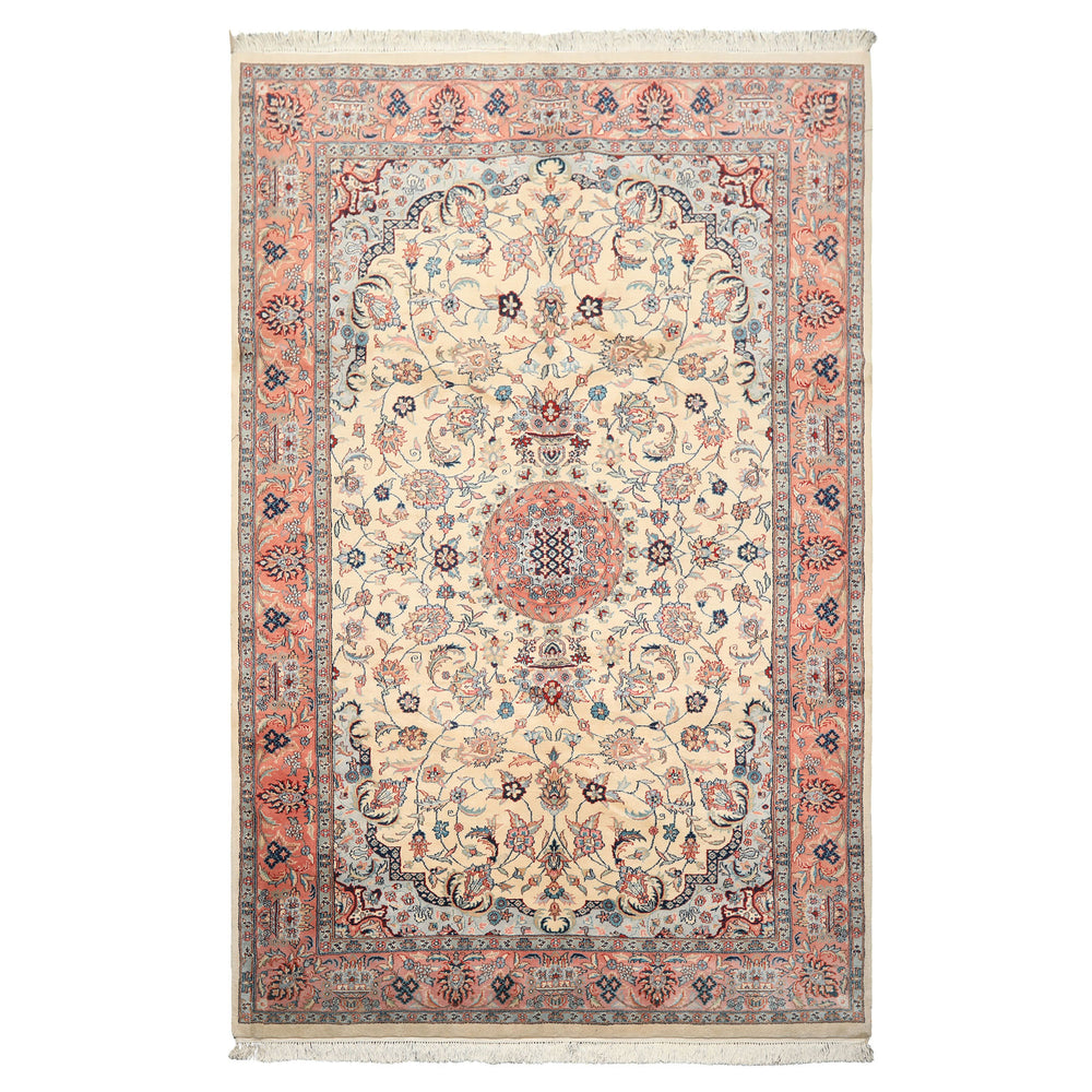 6x10 Ivory, Rose, Blue Color Hand Knotted Indo Tabriz New Zealand Wool Traditional Oriental Rug