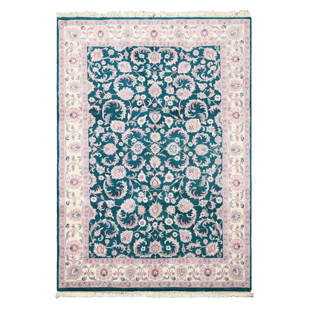 6x9 Emerald, Ivory, Pink Color Hand Knotted Indo Kashan Wool Traditional Oriental Rug