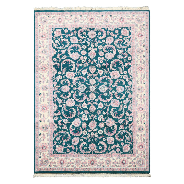 6x9 Emerald, Ivory, Pink Color Hand Knotted Indo Kashan Wool Traditional Oriental Rug