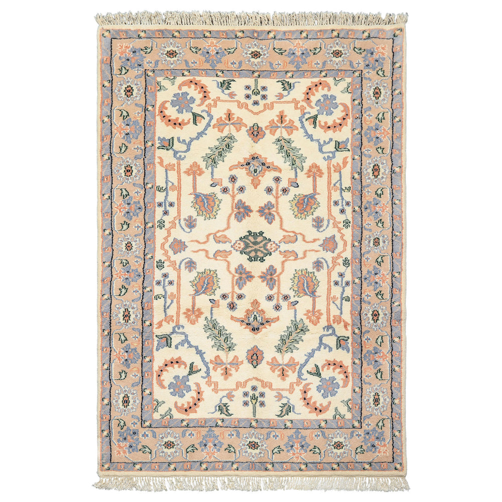 6x9 Ivory, Peach, Blue Color Hand Knotted Indo Persian Wool Traditional Oriental Rug