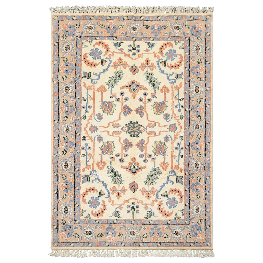 6x9 Ivory, Peach, Blue Color Hand Knotted Indo Persian Wool Traditional Oriental Rug