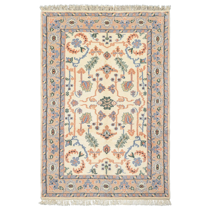6x9 Ivory, Peach, Blue Color Hand Knotted Indo Persian Wool Traditional Oriental Rug