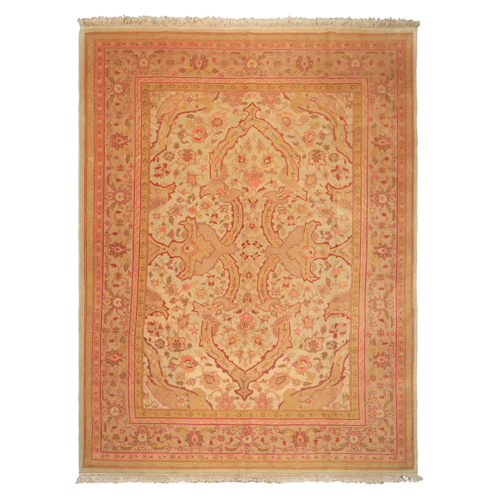 9x12 Beige, Pink, Rose Color Hand Knotted Indo Oushak Wool Arts & Crafts Oriental Rug