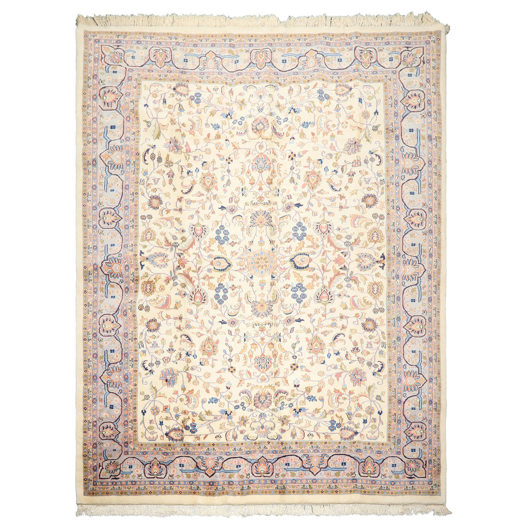 9x12 Ivory, Faded Lavender, Sage Color Hand Knotted Indo Kashan Wool Traditional Oriental Rug