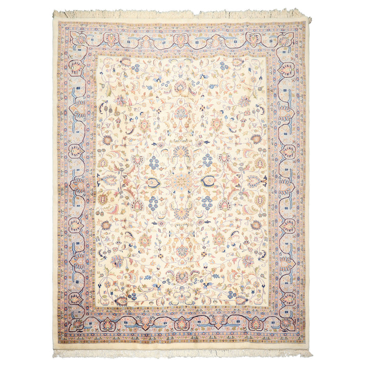 9x12 Ivory, Faded Lavender, Sage Color Hand Knotted Indo Kashan Wool Traditional Oriental Rug