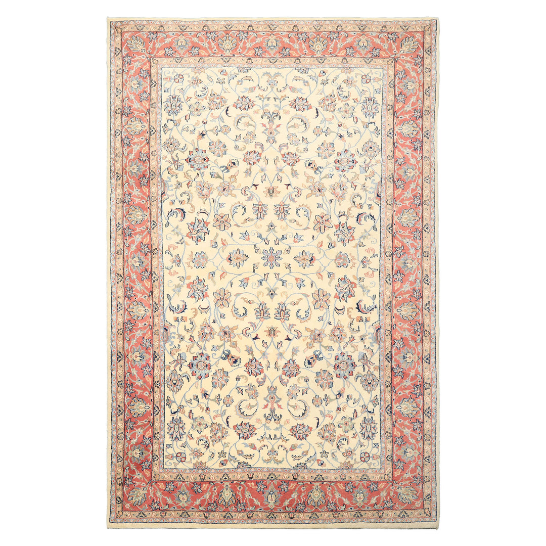 6x9 Ivory, Rose, Blue Color Hand Knotted Indo Kashan Wool Traditional Oriental Rug