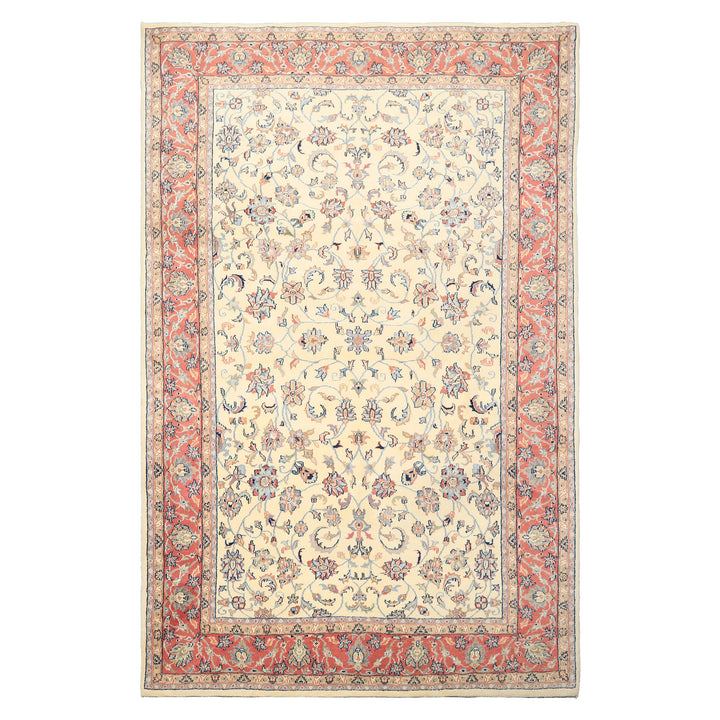6x9 Ivory, Rose, Blue Color Hand Knotted Indo Kashan Wool Traditional Oriental Rug