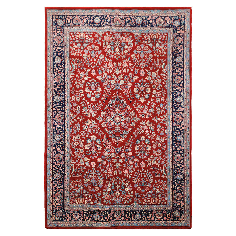6x9 Red, Navy, Ivory Color Hand Knotted Indo Kashan New Zealand Wool Traditional Oriental Rug