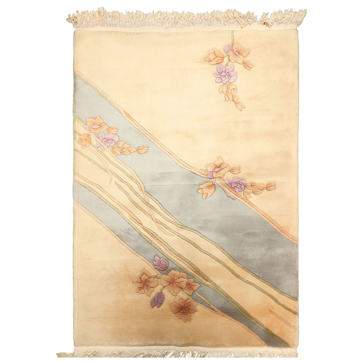 4x6 Beige, Aqua, Lavender Color Hand Knotted French Aubusson Savonerrie Wool Transitional Oriental Rug