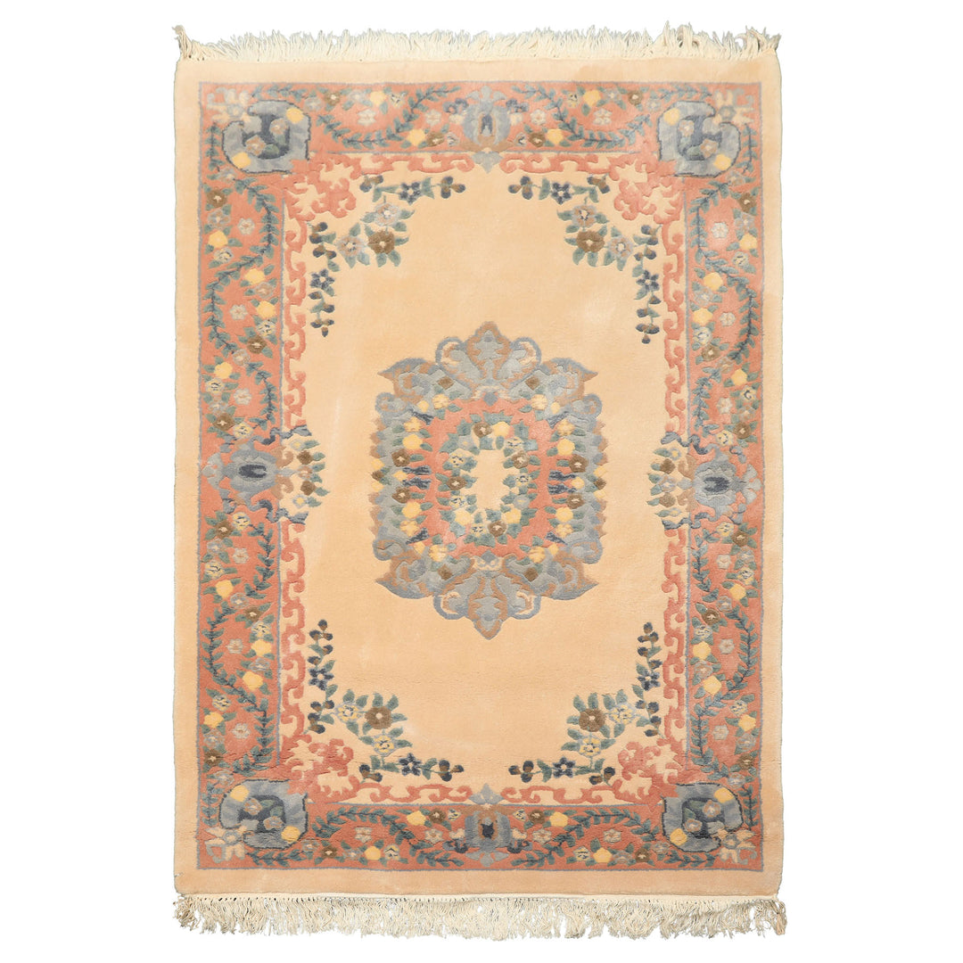 4x6 Peach, Blush, Blue Color Hand Knotted French Aubusson Savonerrie Wool Traditional Oriental Rug