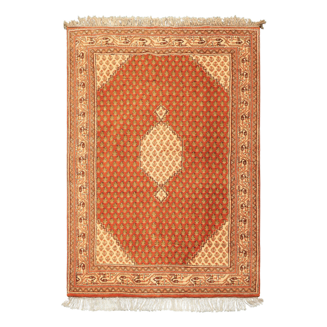 4x6 Burnt Orange, Ivory, Lime Color Hand Knotted Paisley Wool Traditional Oriental Rug