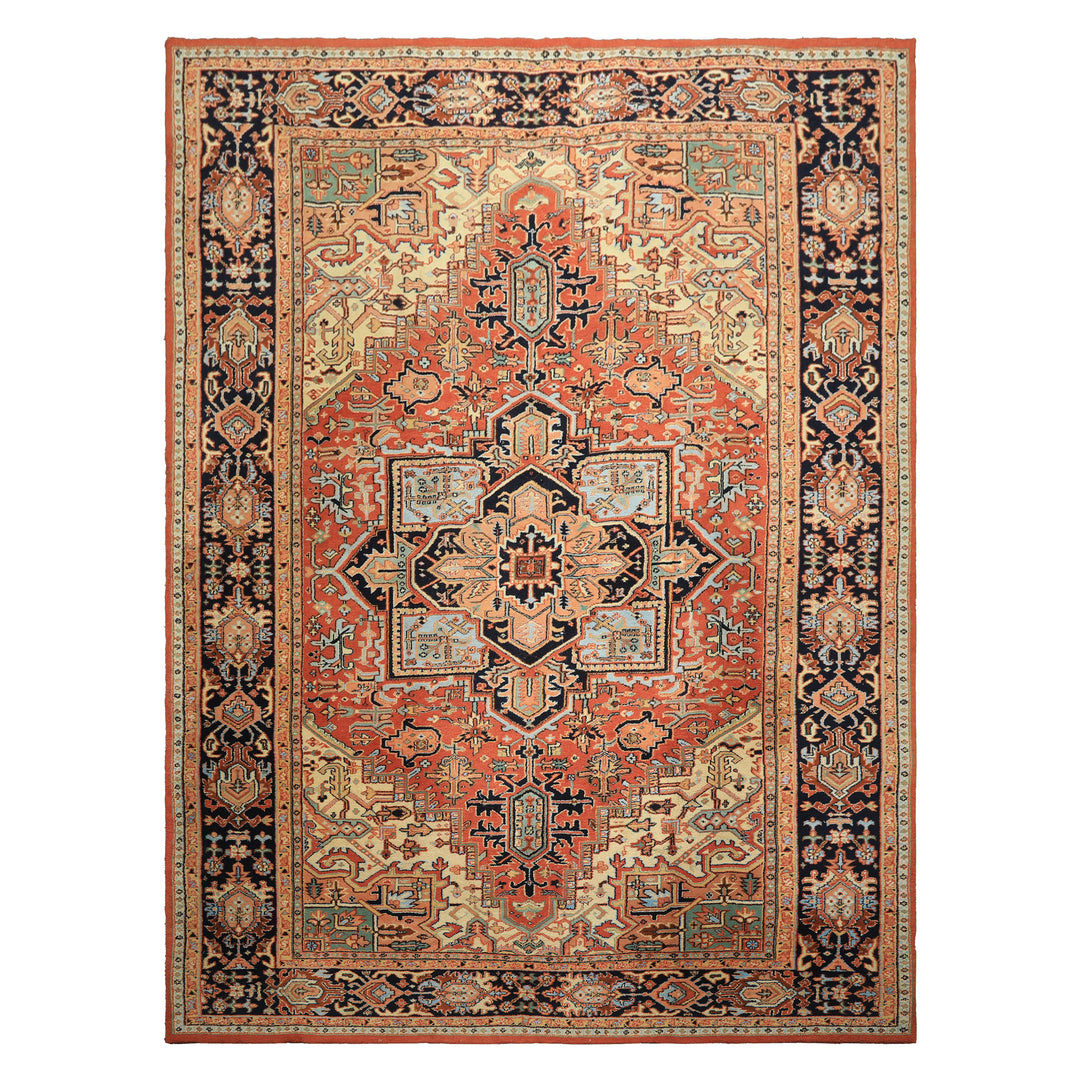 9x12 Burnt Orange, Navy, Ivory Color Hand Knotted Heriz Wool Traditional Oriental Rug