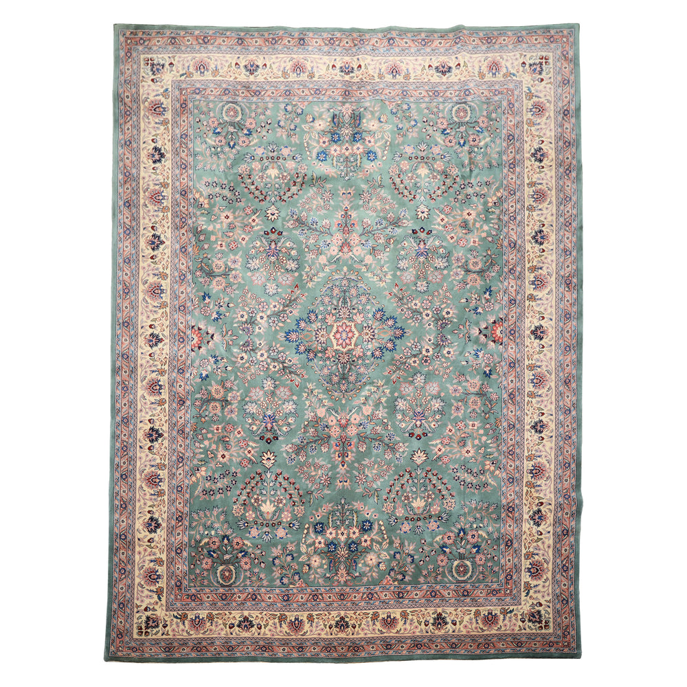 9x12 Turquoise, Ivory, Navy Color Hand Knotted Sarouk Wool Traditional Oriental Rug
