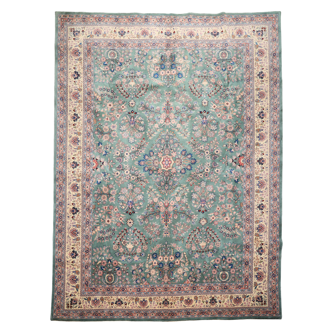 9x12 Turquoise, Ivory, Navy Color Hand Knotted Sarouk Wool Traditional Oriental Rug