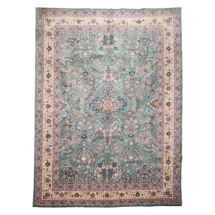 9x12 Turquoise, Ivory, Navy Color Hand Knotted Sarouk Wool Traditional Oriental Rug