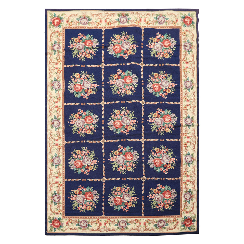 4x6 Navy, Ivory, Green Color Hand Knotted French Aubusson Needlepoint Wool Traditional Oriental Rug