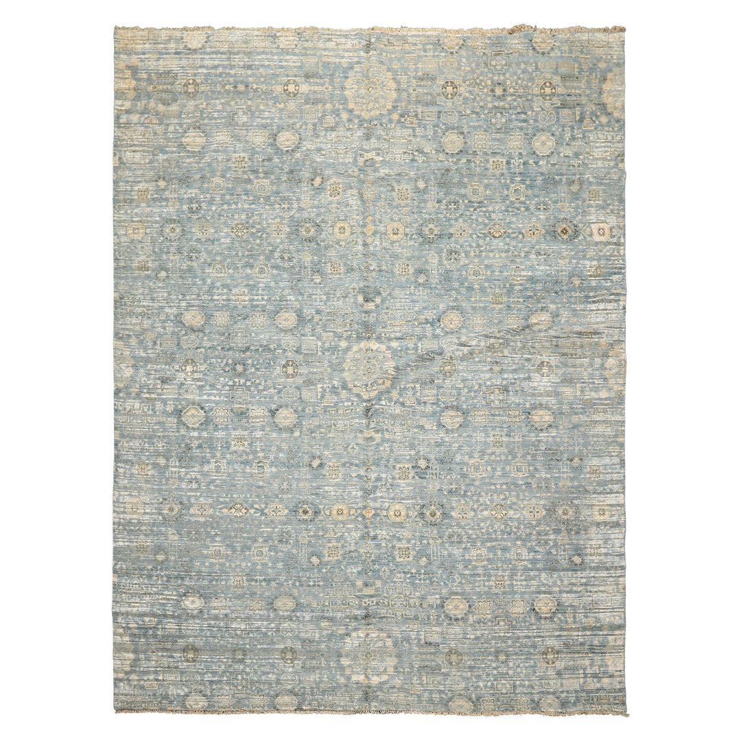 9x12 Aqua, Ivory, Beige Color Hand Knotted Tibetan Wool &amp; Silk Modern &amp; Contemporary Oriental Rug