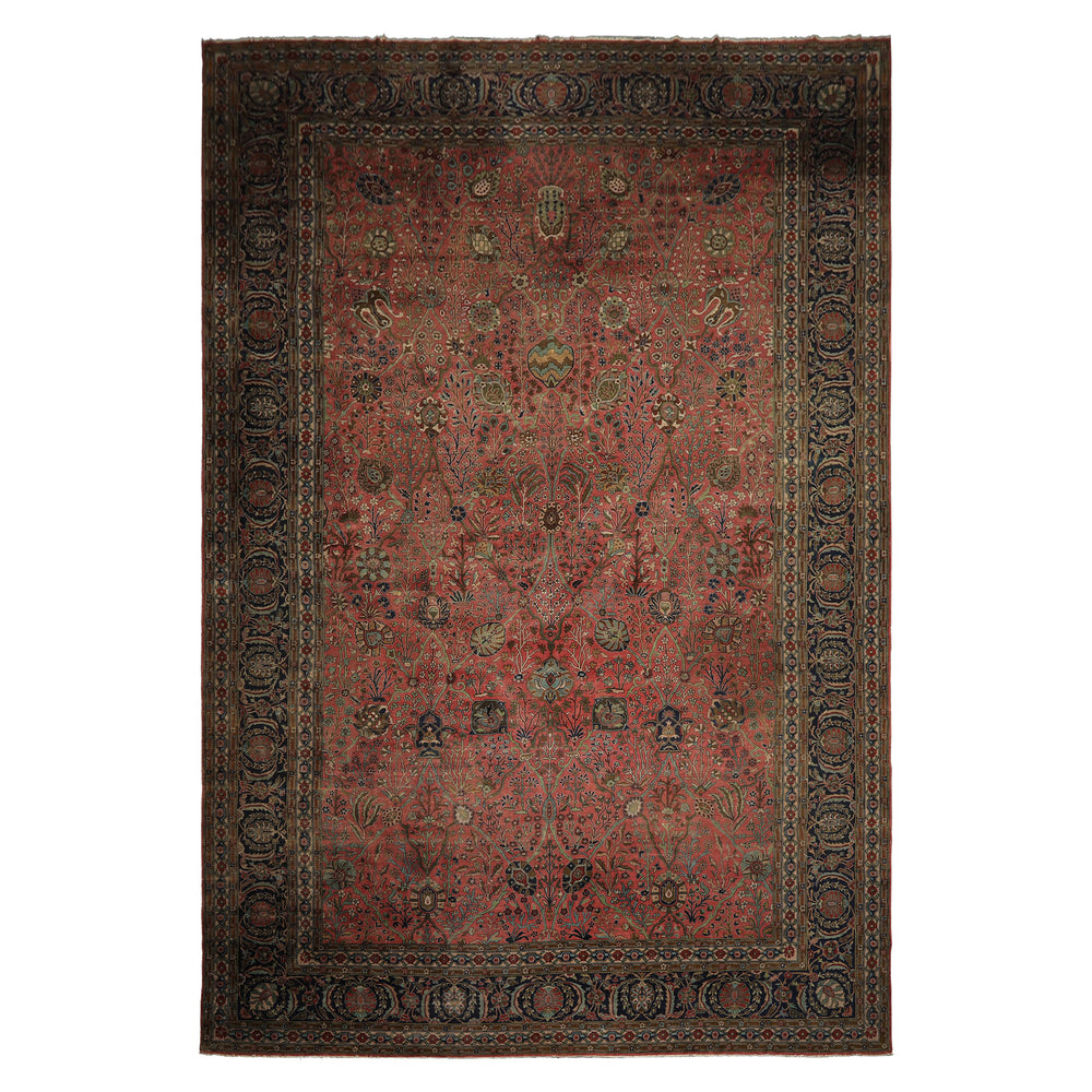 Oversize Antique Rose, Navy, Brown Color Hand Knotted Sarouk Wool Traditional Oriental Rug