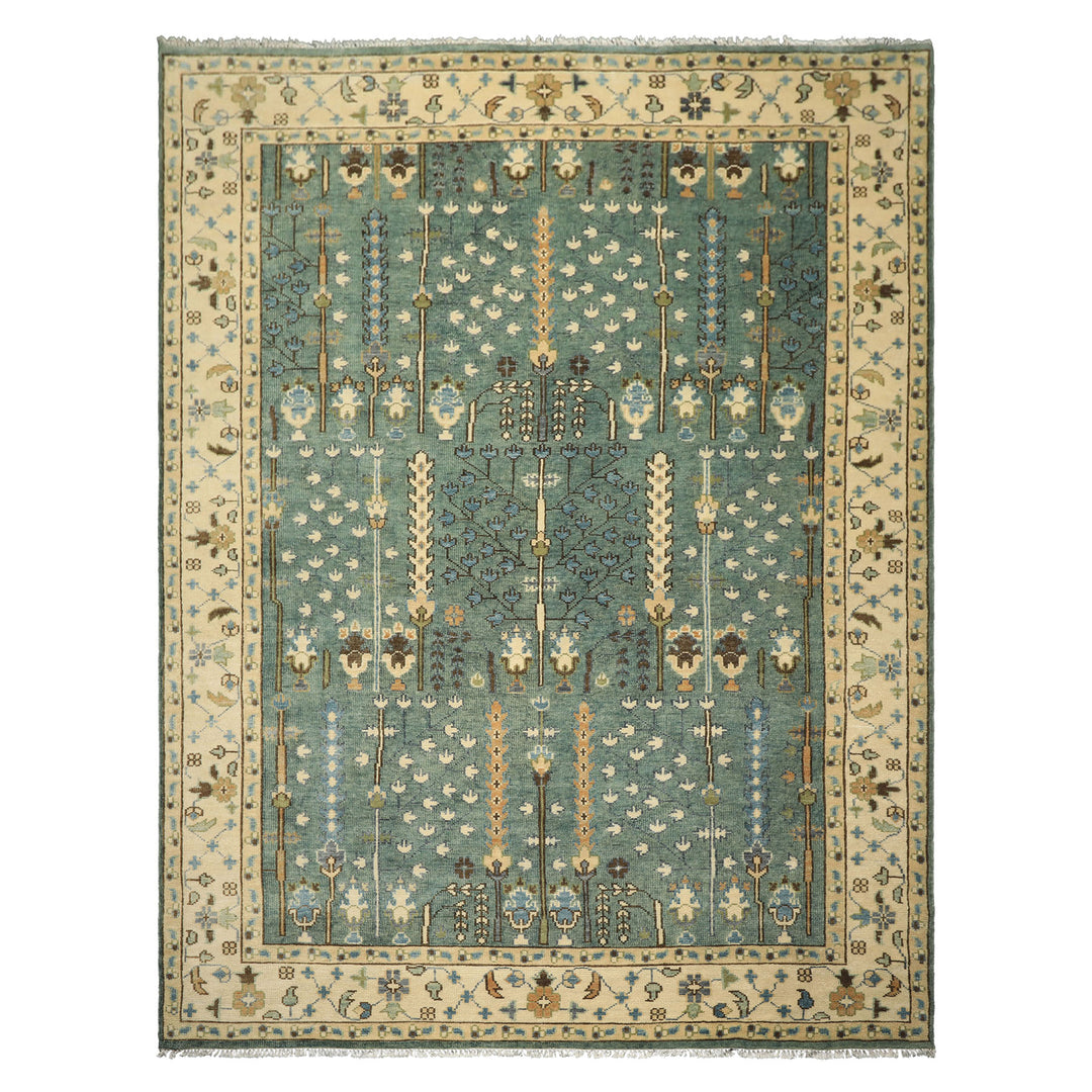 10x14 Celadon, Ivory, Brown Color Hand Knotted Oushak Wool Traditional Oriental Rug