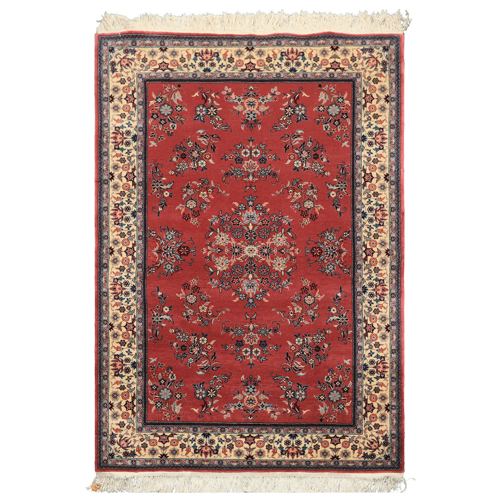4x6 Rose, Ivory, Aqua Color Hand Knotted Pak Persian Sarouk New Zealand Wool Traditional Oriental Rug