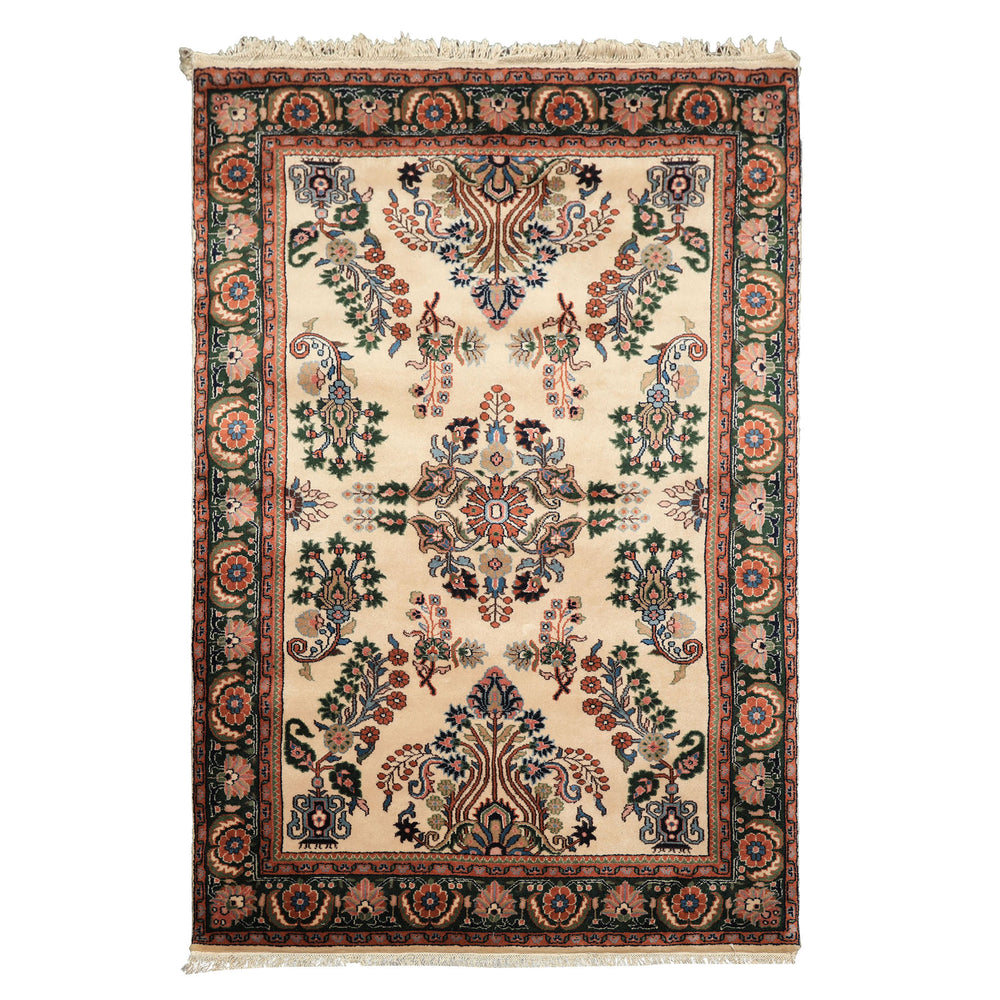 4x6 Ivory, Green, Rose Color Hand Knotted Indo Sarouk New Zealand Wool Traditional Oriental Rug