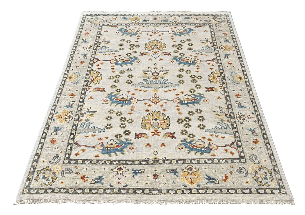 8x10 Ivory, Gray, Gold Color Hand Knotted Oushak Wool Transitional Oriental Rug