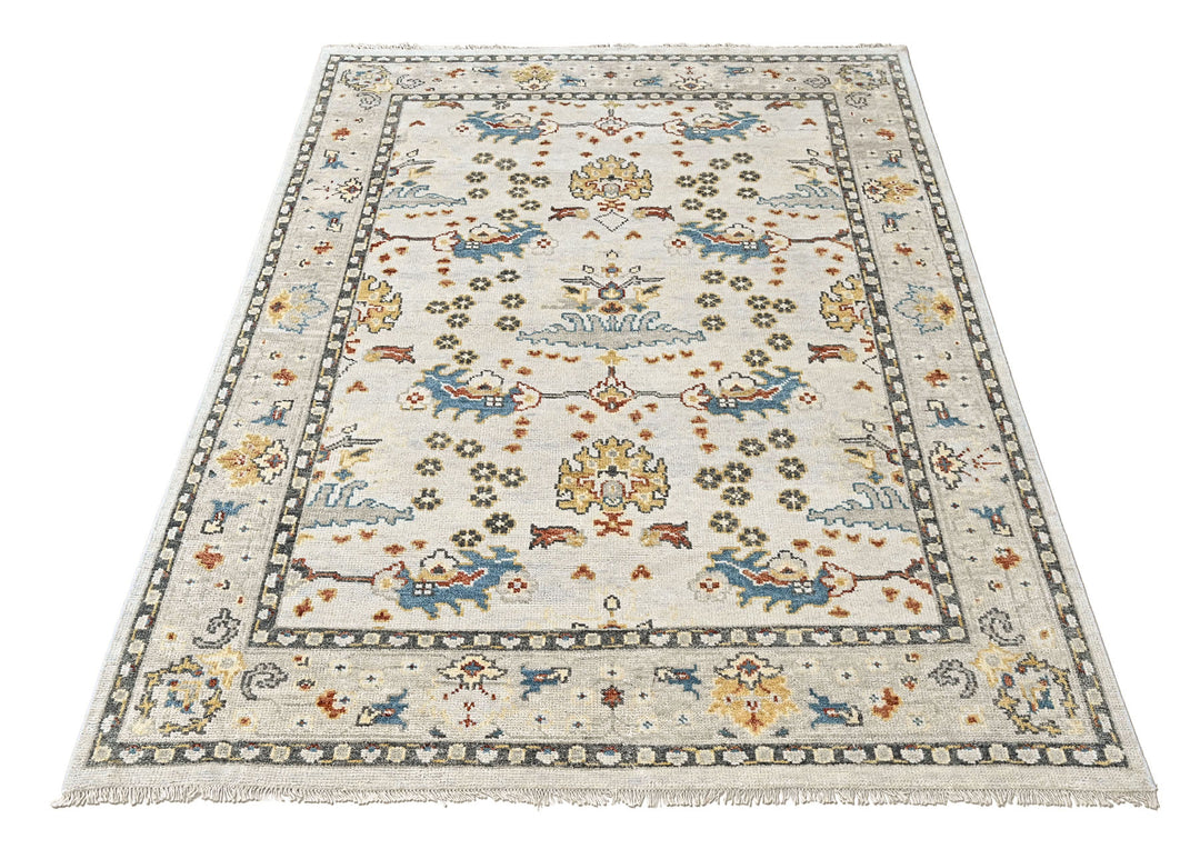8x10 Ivory, Gray, Gold Color Hand Knotted Oushak Wool Transitional Oriental Rug