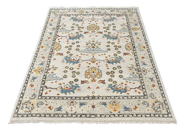 8x10 Ivory, Gray, Gold Color Hand Knotted Oushak Wool Transitional Oriental Rug