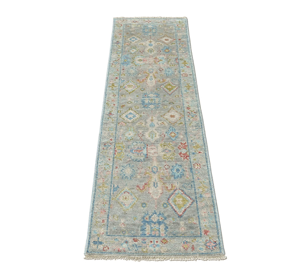2'6x9 Slate, Gray, Lime Color Hand Knotted Oushak Wool Arts and Crafts Oriental Rug