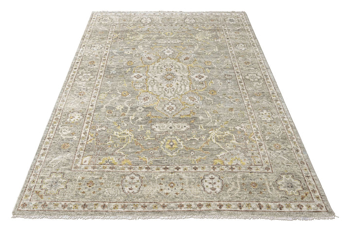 9x12 Gray, Light Gold, Moss Color Hand Knotted Oushak Wool Transitional Oriental Rug