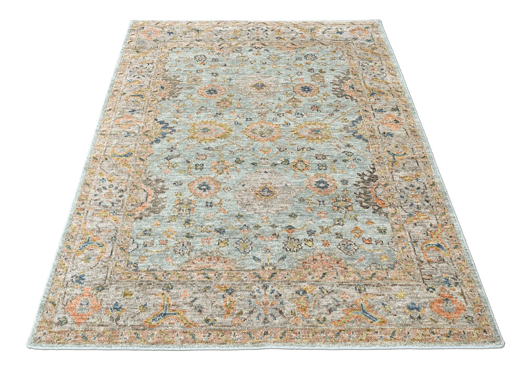 8x10 Aqua, Gray, Peach Color Hand Knotted Oushak Wool Transitional Oriental Rug