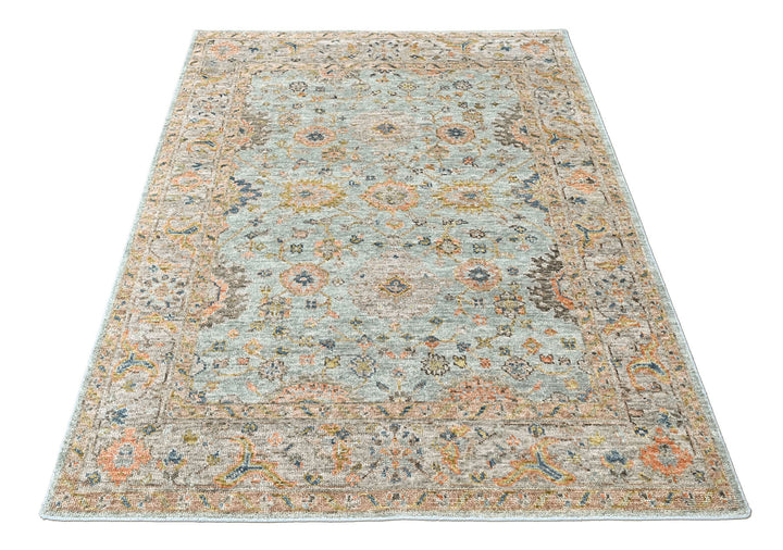8x10 Aqua, Gray, Peach Color Hand Knotted Oushak Wool Transitional Oriental Rug