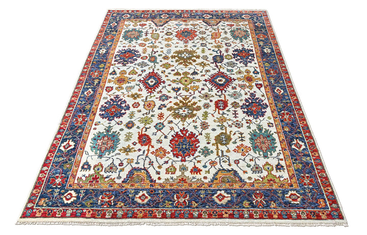 9x12 Beige, Blue, Red Color Hand Knotted Oushak Wool Arts and Crafts Oriental Rug