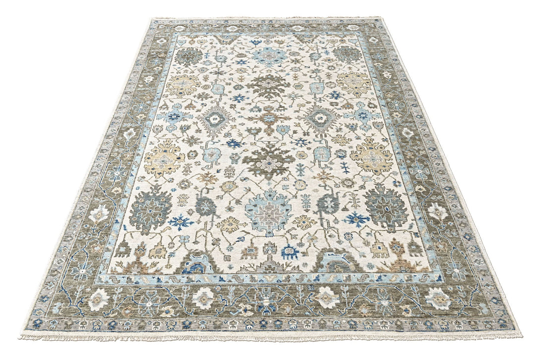 9x12 Beige, Gray, Blue Color Hand Knotted Oushak Wool Transitional Oriental Rug