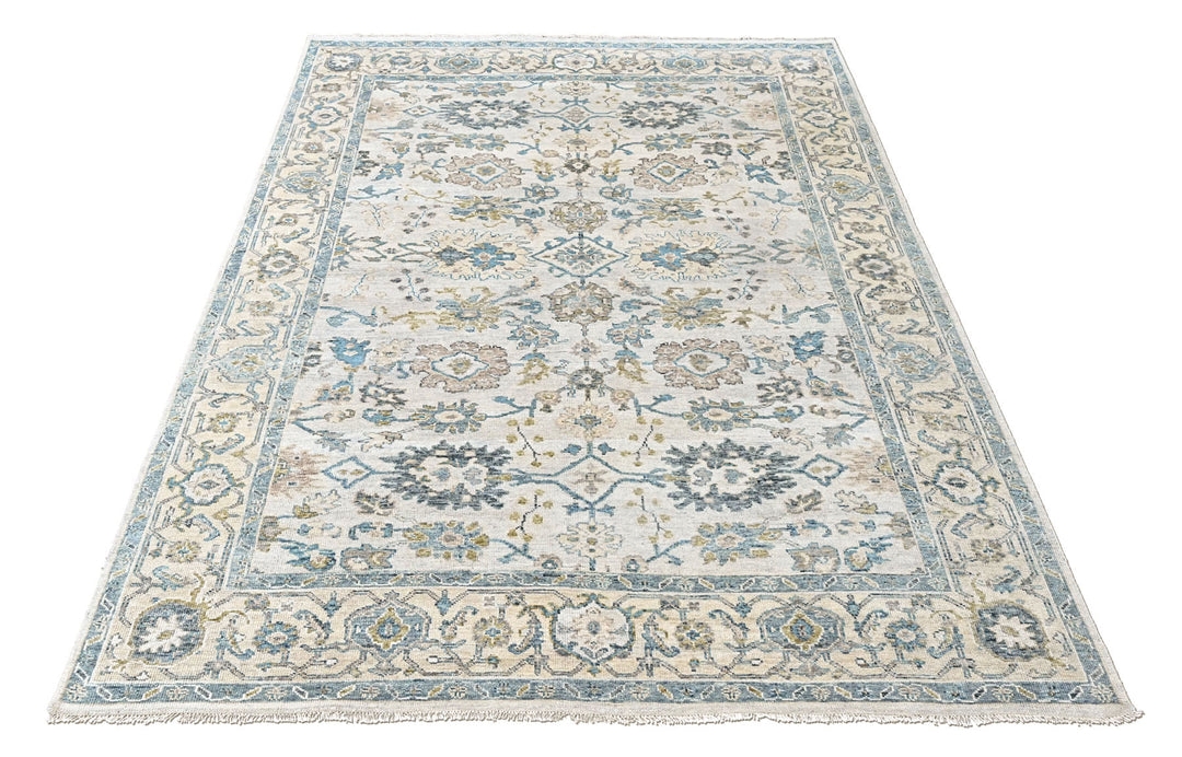 9x12 Beige, Slate, Aqua Color Hand Knotted Oushak Wool Transitional Oriental Rug