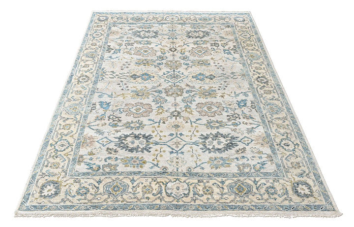 9x12 Beige, Slate, Aqua Color Hand Knotted Oushak Wool Transitional Oriental Rug