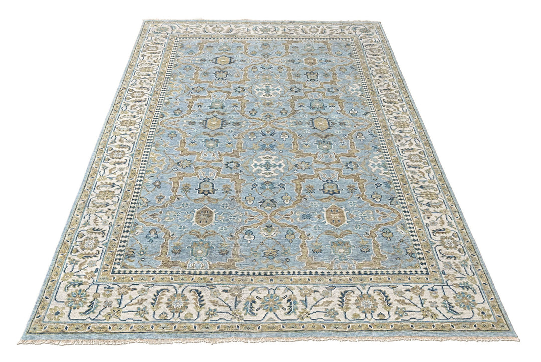 9x12 Blue, Ivory, Moss Color Hand Knotted Oushak Wool Transitional Oriental Rug