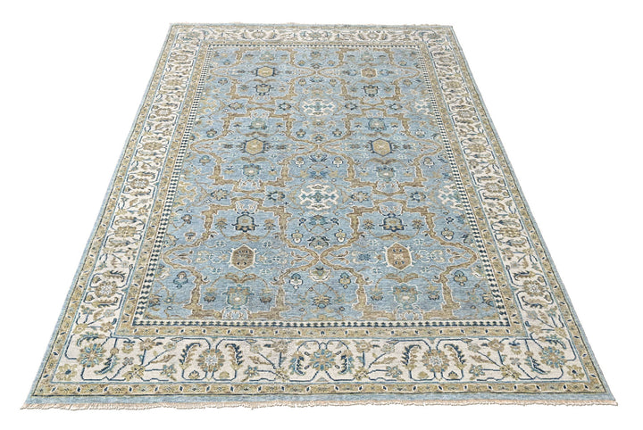 9x12 Blue, Ivory, Moss Color Hand Knotted Oushak Wool Transitional Oriental Rug