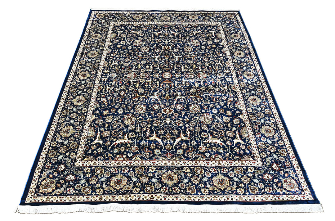 9x12 Navy, Ivory, Aqua Color Power Loom Oushak Wool Traditional Oriental Rug