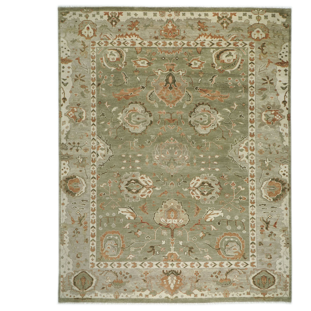 Palace Green, Peach, Beige Color Hand Knotted Oushak Wool Transitional Oriental Rug
