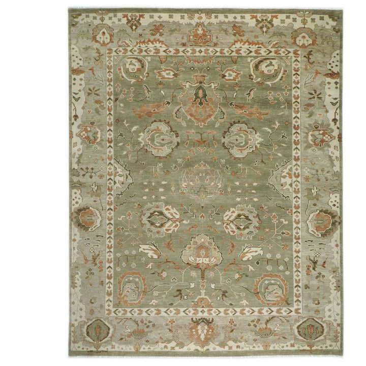 Palace Green, Peach, Beige Color Hand Knotted Oushak Wool Transitional Oriental Rug