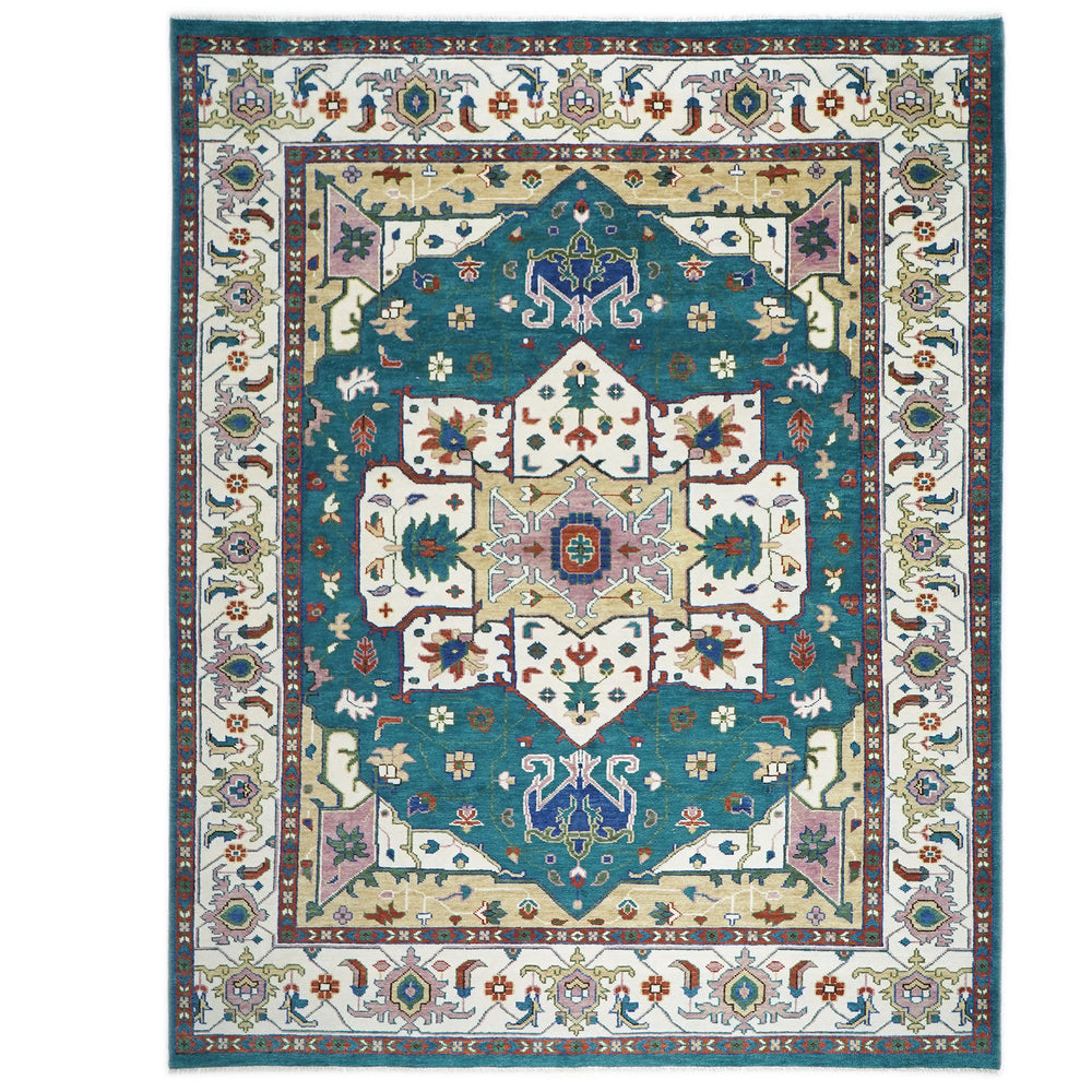 Palace Teal, Ivory, Rust Color Hand Knotted Oushak Wool  Oriental Rug