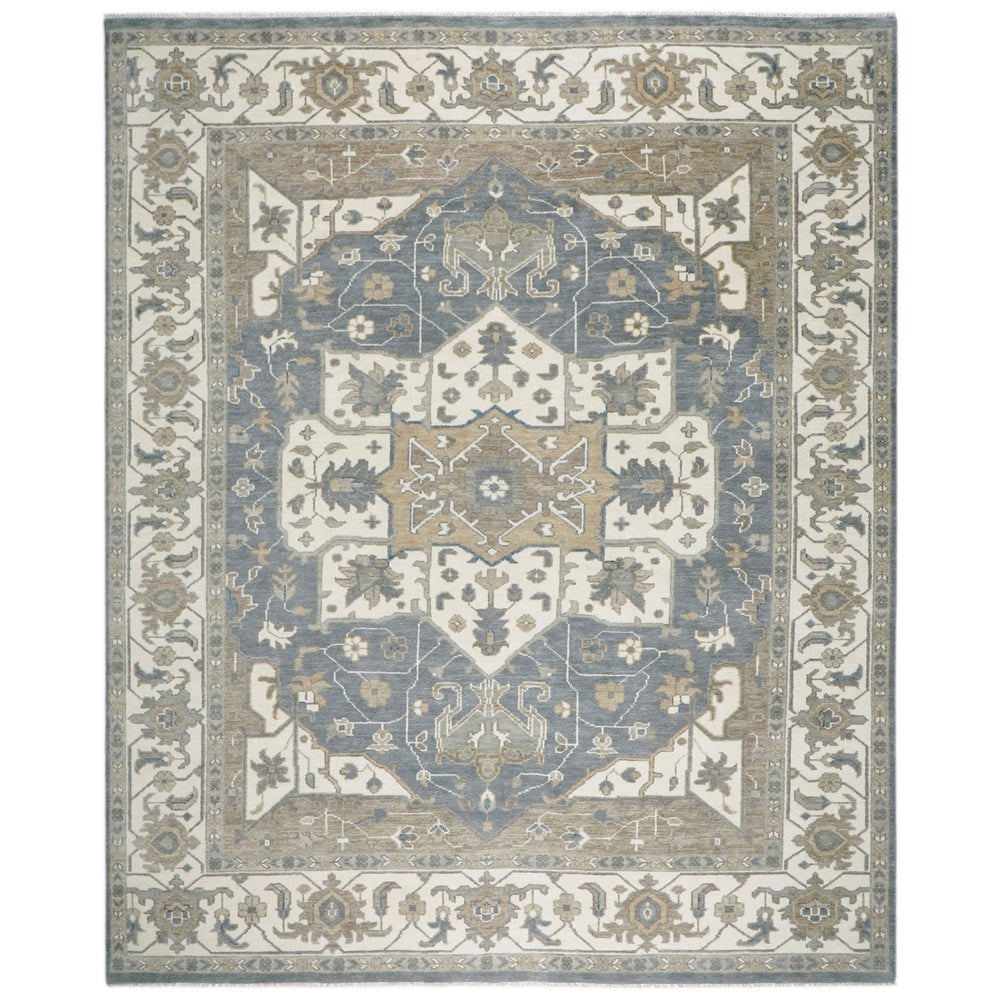 Palace Slate, Ivory, Beige Color Hand Knotted Oushak Wool  Oriental Rug