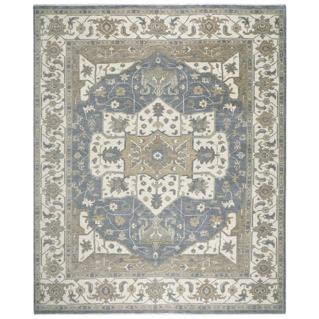Palace Slate, Ivory, Beige Color Hand Knotted Oushak Wool  Oriental Rug