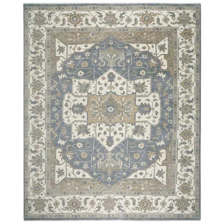 Palace Slate, Ivory, Beige Color Hand Knotted Oushak Wool  Oriental Rug