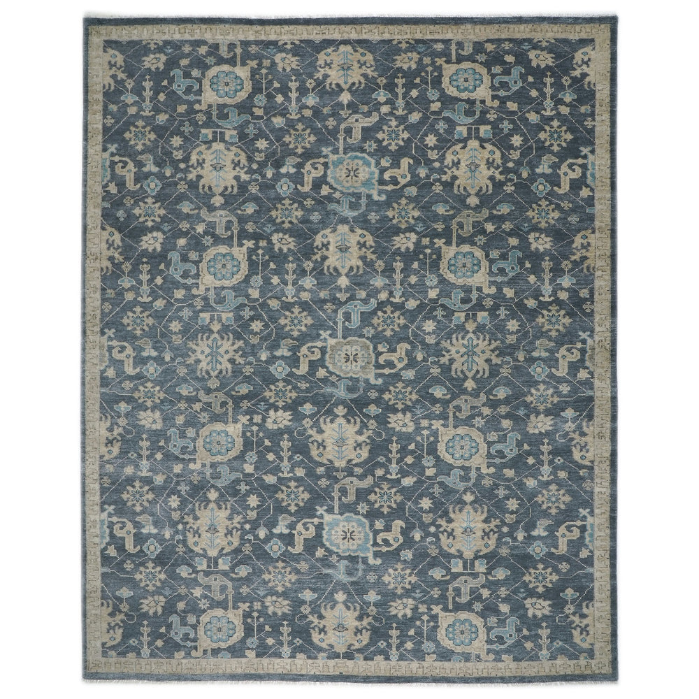 Palace Blue, Beige, Moss Color Hand Knotted Oushak Wool Arts and Crafts Oriental Rug