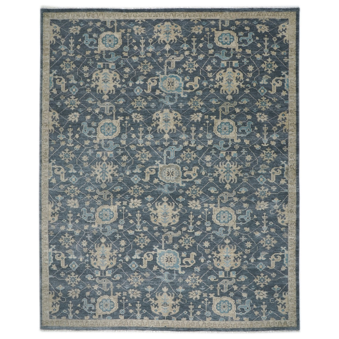 Palace Blue, Beige, Moss Color Hand Knotted Oushak Wool Arts and Crafts Oriental Rug