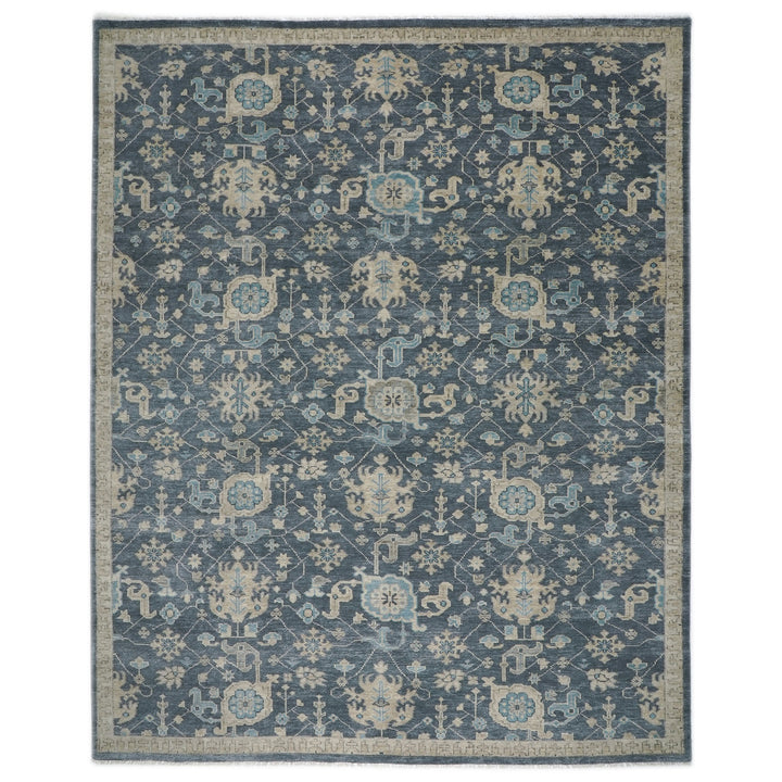 Palace Blue, Beige, Moss Color Hand Knotted Oushak Wool Arts and Crafts Oriental Rug
