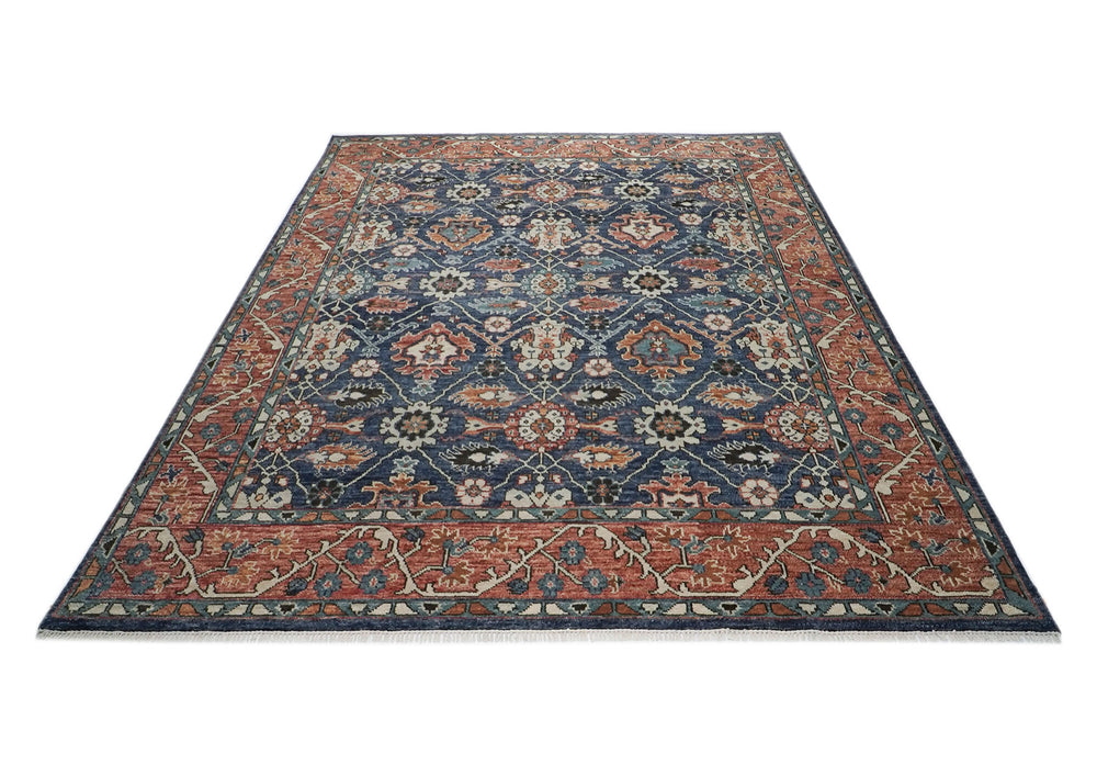 Palace Navy, Burnt Orange, Beige Color Hand Knotted Oushak Wool  Oriental Rug
